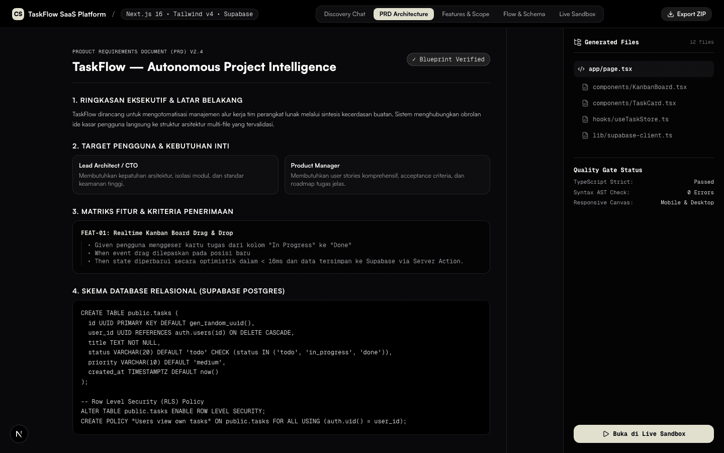 Tampilan Antarmuka PRD Generator OneMind